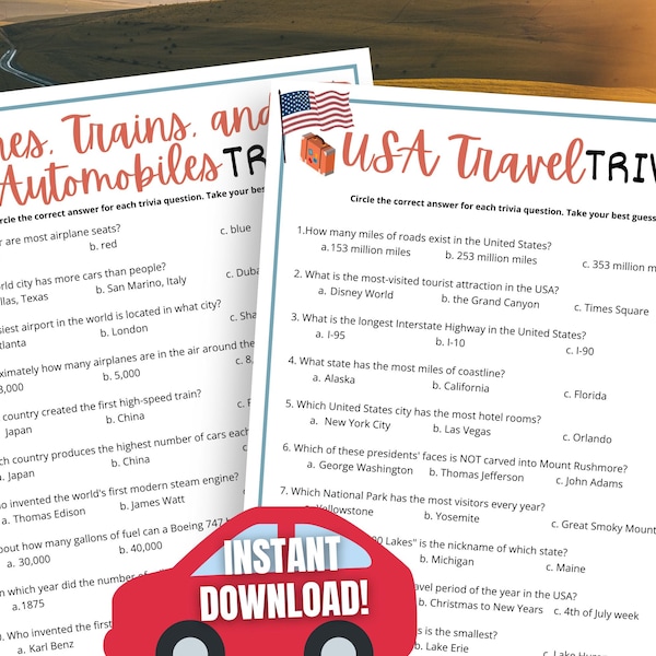 Road Trip Trivia Game BUNDLE, USA Travel Trivia Questions & Answers, Kids Travel Games for the Car, Family Vacation Printable Trivia Game