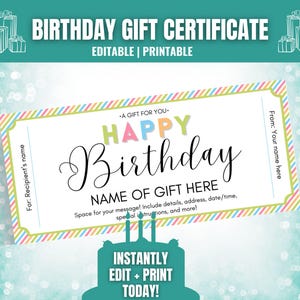 Certificado de regalo de cumpleaños editable, cupón de cumpleaños, vale de cumpleaños imprimible, boleto de regalo de cumpleaños, plantilla de certificado de cumpleaños