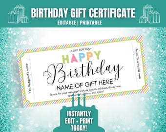 Op de afbeelding: Een printbare verjaardagsgiftbon-sjabloon met een kleurrijke gestreepte rand. De tekst luidt "Happy Birthday" met het woord "Happy" in kleurrijke letters. Het certificaat bevat ruimte om de naam van de ontvanger, de naam van het cadeau en een bericht te schrijven.