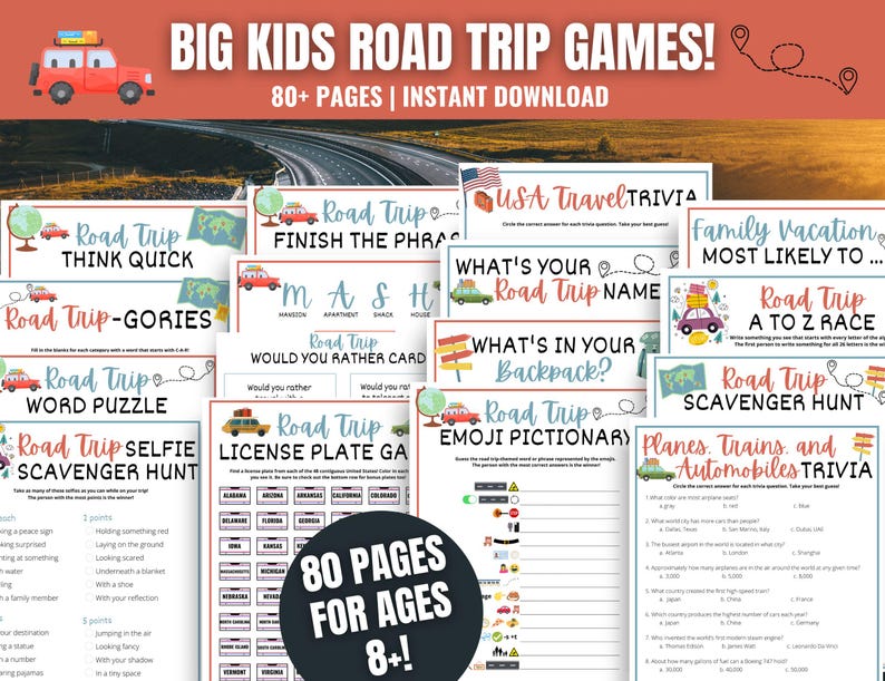 Printable Road Trip Activities for Older Kids for screen-free entertainment on the road. Each page features maps, suitcases, cars, and globes. Games include the License Plate Game, Road Trip trivia, Emoji Pictionary, Bingo, Scavenger Hunts, and more. More than 80 pages are included. Road Trip Games for Big Kids, Family Road Trip Games, How to Keep Kids Entertained in the Car, Summer Road Trip Games, Holiday Travel Activities, Fun Kids Printable Activity Pack, Scavenger Hunt, Travel Trivia