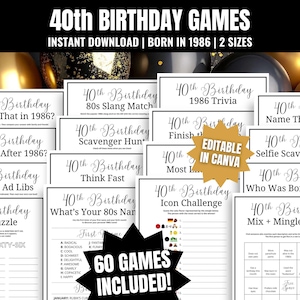 May include: A collection of printable 40th birthday games, including trivia, scavenger hunts, and bingo. The games are designed for a 40th birthday celebration and are available as an instant download. The image includes the text "40th Birthday Games" and "Born in 1986".