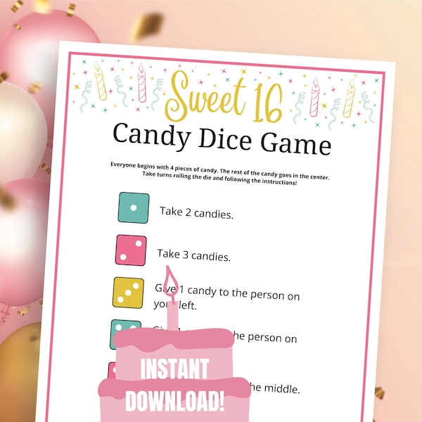 Sweet 16 Candy Dice Game, Sweet 16 Party Game Printable for Her, Sweet 16 Game, 16th Birthday Party Game for Girl, Teenager Birthday Game