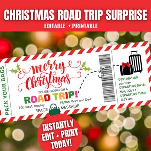 Chèque-cadeau de Noël sur la route, modèle de billet de Noël, billet de voyage de Noël, billets à imprimer, cadeau de vacances de Noël