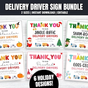 Pode incluir: Seis cartazes imprimíveis com texto colorido que diz "Obrigado aos nossos... Motoristas de entrega". Cada cartaz apresenta um tema festivo diferente: Halloween, Natal, São Patrício, Ação de Graças, Dia dos Namorados e Páscoa. Os cartazes são projetados para serem impressos e exibidos como uma forma de mostrar apreço aos motoristas de entrega.