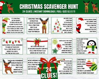 May include: A printable Christmas scavenger hunt game with 24 clues. The game features illustrations of Santa, elves, reindeer, penguins, and other Christmas icons. The clues are written in a fun and festive style, and the game is perfect for families and friends to enjoy together.