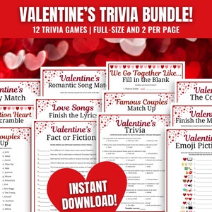 Puede incluir: Una colección de 12 juegos de trivia de San Valentín imprimibles. Los juegos incluyen temas como la coincidencia de dulces, la coincidencia de canciones románticas, las letras de canciones de amor, la verdad o la ficción, las parejas famosas y el pictionary de emojis. Los juegos están diseñados para jugarse en grupo y son perfectos para una fiesta o reunión de San Valentín.