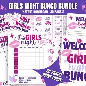 Paquete MEGA de Bunco para la noche de chicas, Bunco para la noche de chicas imprimible, tarjetas de Bunco, tarjetas de puntuación de Bunco, hojas de recuento, números de mesa, grupo de Bunco para mujeres