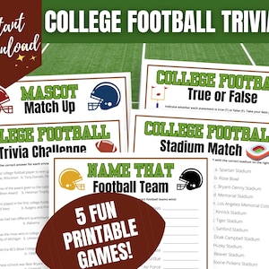 College Football Trivia Games Bundle: Tailgate Party Printables (PDF)