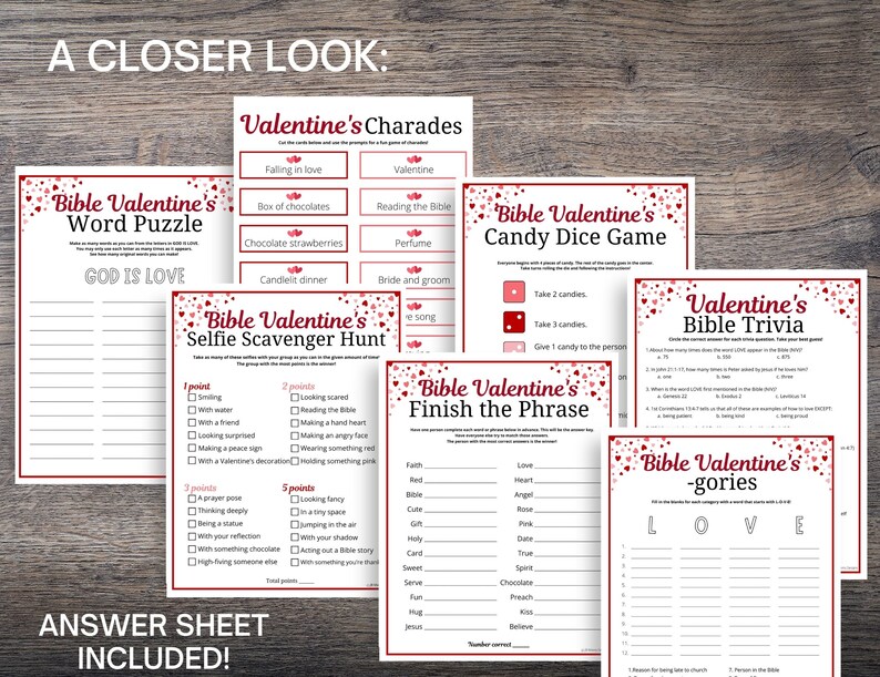 May include: A set of printable Valentine's Day games with a Bible theme. The games include a word puzzle, a candy dice game, a selfie scavenger hunt, a finish the phrase game, a trivia game, and a -gories game. The games are decorated with red hearts.
