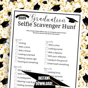 Afstuderen selfie speurtochtspel, 2025 afstudeerspel voor college, middelbare school, middelbare school, leuk idee voor afstudeerfeest, afstudeeravond