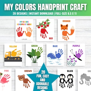 May include: A set of 20 printable handprint craft designs for children. Each design features a different colour and animal or object, such as a truck, a butterfly, a flamingo, and a penguin. The designs are perfect for a fun and easy craft activity for children.