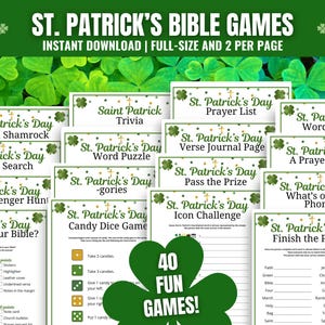 May include: A collection of 40 printable St. Patrick's Day Bible games. The games include activities like a word search, a prayer list, a verse journal page, a candy dice game, and a selfie scavenger hunt. The games are designed to be fun and engaging for all ages.