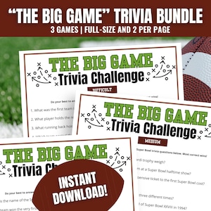 May include: Printable "The Big Game" trivia challenge game bundle with three different difficulty levels: Difficult, Medium, and Easy. The game features a football theme with a green and white color scheme. The text "Instant Download!" is displayed on a brown football.
