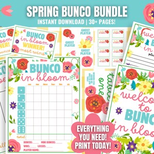 May include: A digital Spring Bunco Bundle featuring over 30 pages of floral-themed game materials. Includes scorecards, welcome signs, and name tags with text like Bunco in Bloom, Winner, and Ghost Player, decorated with colourful red and pink flowers.