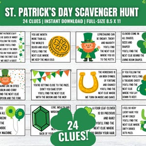 May include: A St. Patrick's Day scavenger hunt game with 24 clues. The design features a green background with shamrocks and text. The clues are in individual boxes with illustrations of a leprechaun, gold coins, and a horseshoe. The full size is 8.5 x 11 inches.