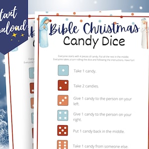 Jogo de dados de doces de Natal da Bíblia, jogo de Natal cristão, festa de Natal da igreja, ideia de grupo de jovens de Natal, jogo de presépio de Natal