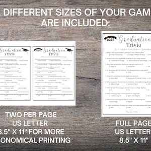 May include: A graduation trivia game with two different sizes included. The game features a black graduation cap graphic and the text "Graduation Trivia 2026". The game is available in two sizes: two per page US Letter 8.5" x 11" and full page US Letter 8.5" x 11".