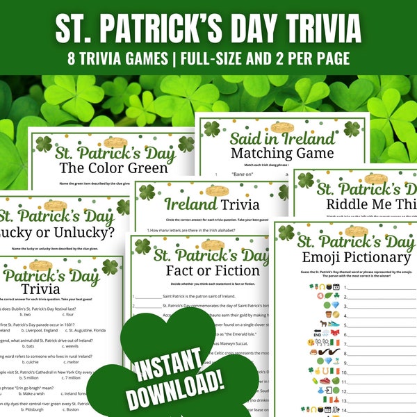 St. Patrick’s Day TRIVIA BUNDLE, Fun St Patricks Day Questions and Answers for Adults & Seniors, St. Paddy's Day Trivia Games, March Trivia