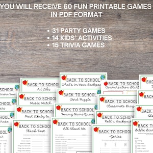 May include: A selection of printable "Back to School" games in PDF format. The image displays various game cards with titles such as "Getting to Know You," "Trivia," and "All About Me." The games are designed for parties, kids' activities, and trivia.