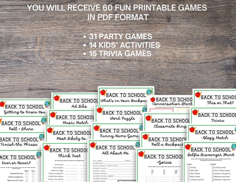 May include: A selection of printable "Back to School" games in PDF format. The image displays various game cards with titles such as "Getting to Know You," "Trivia," and "All About Me." The games are designed for parties, kids' activities, and trivia.