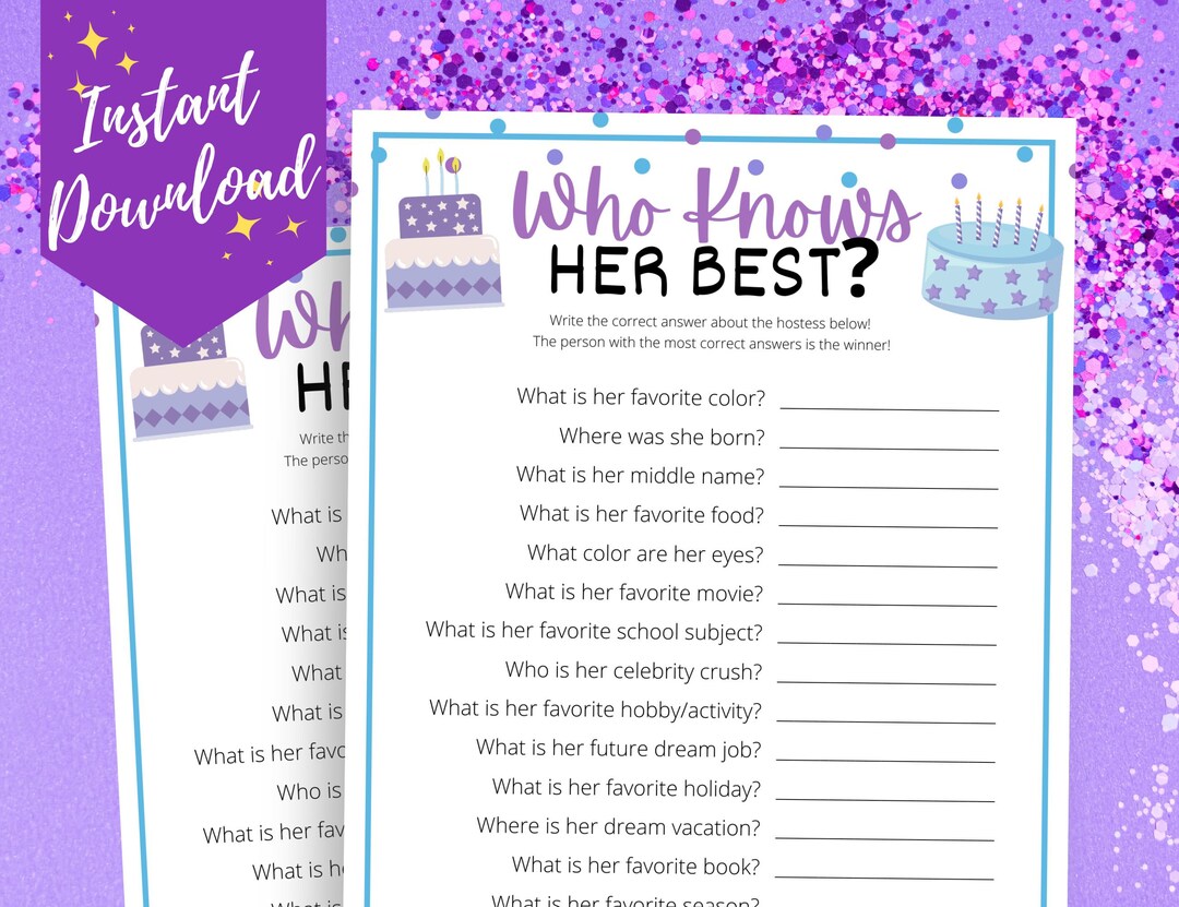 Who Knows Her Best Birthday Sleepover Game, Printable Game for Teen