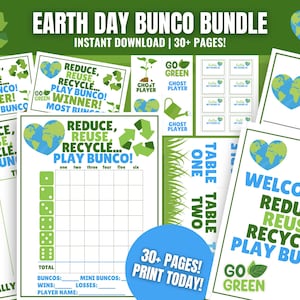 Puede incluir: Paquete de Bunco para el Día de la Tierra con el texto "Reduce, Reuse, Recycle... Play Bunco!" en verde y azul. El paquete incluye hojas de juego, tarjetas de puntuación y otros imprimibles. También se ve el texto "Instant Download | 30+ Pages!"
