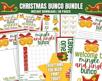 Könnte beinhalten: Ein Weihnachts-Bunco-Bundle mit 30 Seiten, mit festlichen Designs. Enthält Spielbögen mit Würfeln, Glocken und Schlittengrafiken. Der Text enthält "Mingle and Jingle Bunco" und "Alles, was Sie brauchen! Heute drucken!"