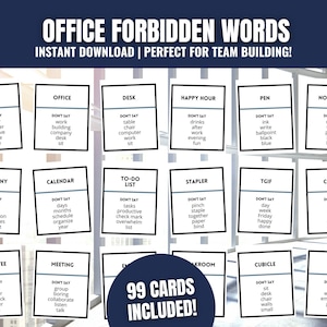 Może przedstawiać: Obraz kart o tematyce biurowej zatytułowanych "OFFICE FORBIDDEN WORDS". Białe karty mają czarny tekst, wymieniający słowa, których należy unikać w miejscu pracy. Obraz zawiera tekst "NATYCHMIASTOWE POBIERANIE | IDEALNE DO BUDOWY ZESPOŁU!" i "99 KART W ZESTAWIE!"