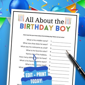 All About the Birthday Boy, Who Knows Him Best Birthday Party Game, Birthday Party Game, Teen Boy Birthday Party Idea, Birthday Game for Him
