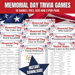 Memorial Day 10-Game TRIVIA BUNDLE, Memorial Day Trivia Games for Kids, Teens, Adults, Seniors, Memorial Day Party Games, Patriotic Games