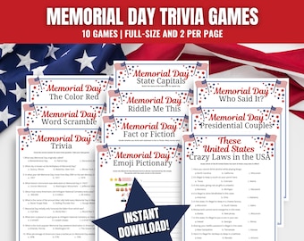 Memorial Day Trivia Game Bundle: 10 Patriotic Games (PDF)
