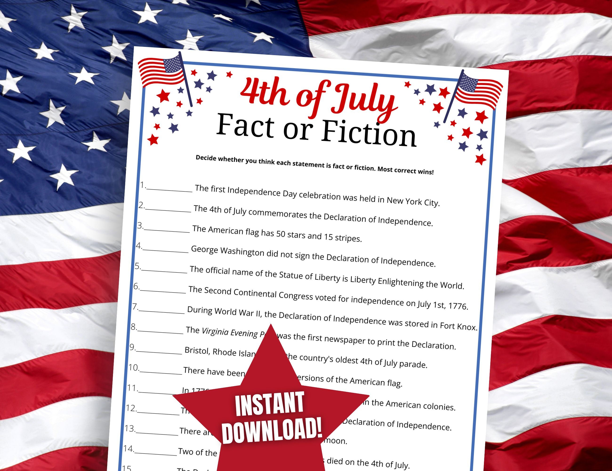 July 4th Fact or Fiction Game: Independence Day Trivia (digital ...