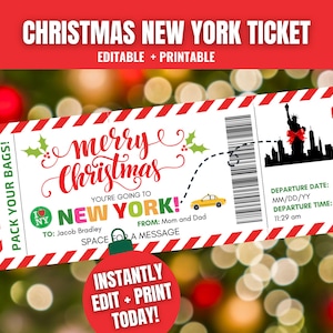 Carte d'embarquement de Noël à New York, modèle de billet de Noël, billet de voyage pour Noël, billets imprimables, cadeau de vacances à New York