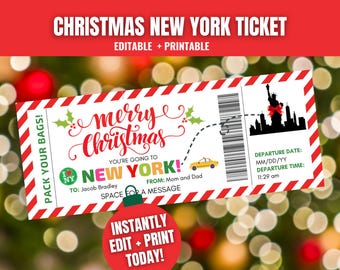 May include: A printable Christmas ticket to New York City with a red and white striped background. The ticket says "Merry Christmas" and "You're going to New York!" with a space to write a message. The ticket also has a departure date and time.
