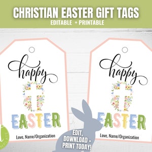Op de afbeelding: Twee printbare christelijke paasgeschenketickets met een roze rand. De tickets tonen een wit kruis omringd door kleurrijke bloemen en de tekst "Happy Easter" in een decoratief lettertype. De tekst "Love, Name/Organization" staat onderaan elk ticket.