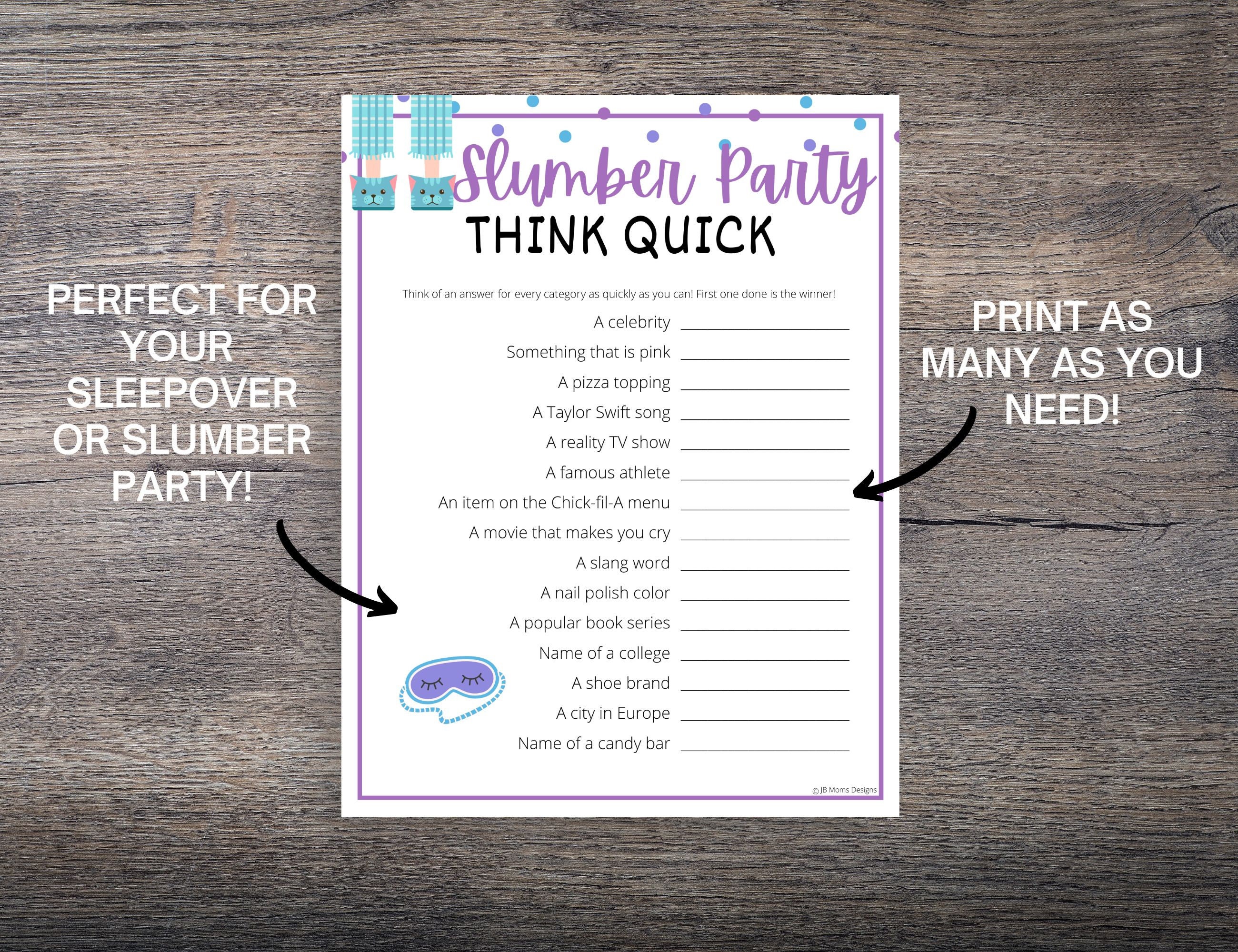 Slumber Party Think Quick Game Fun Sleepover Game for Tween & Etsy