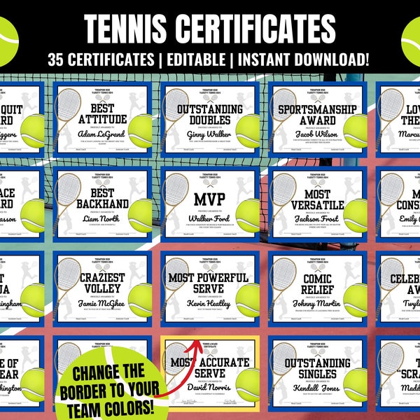 Editable Tennis Award Certificates, Tennis Team Awards, Tennis End of the Season Awards, Tennis Team Party, Tennis Season Awards