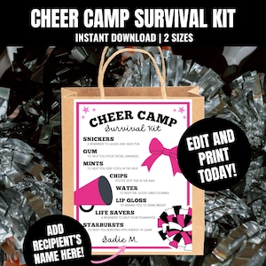 Editable Cheer Camp Survival Kit Printable, Cheerleading Survival Kit Bag Tag, Cheer Camp Gifts, Gift Bag Printable, Cheerleader Gift Idea