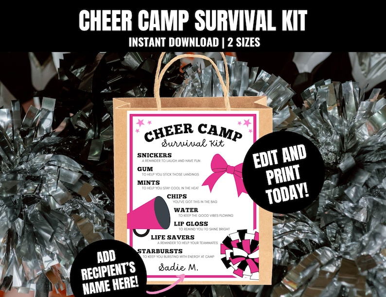 Editable Cheer Camp Survival Kit Printable: Gift Bag Tag (digital ...