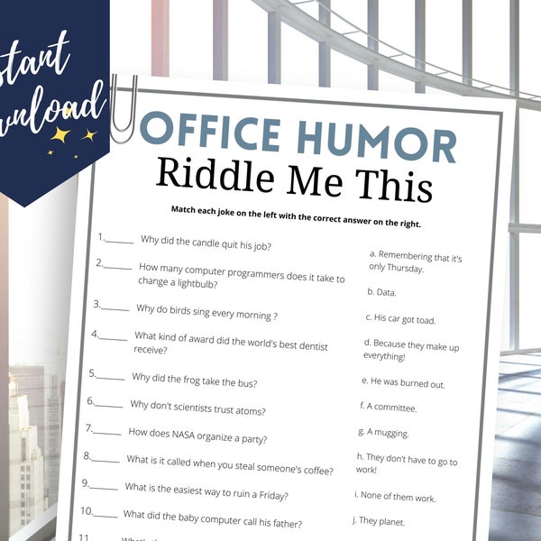 Office Riddle Me This Game, Fun Office Party Ideas, Work Humor, Office Jokes Printable, Staff Meeting Games, Happy Hour Activities