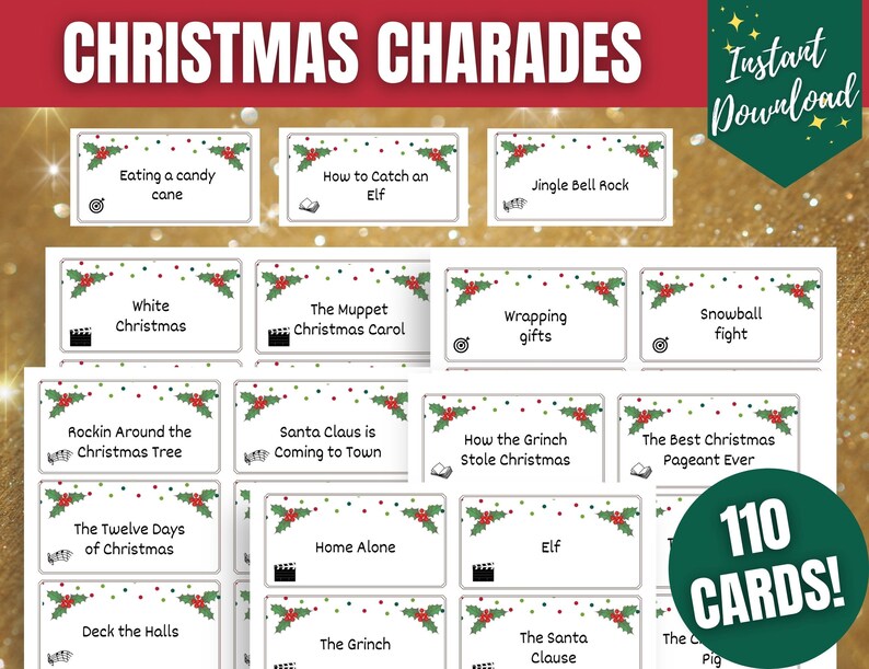 Christmas Charades Game Set Printable Holiday Charades Cards Etsy