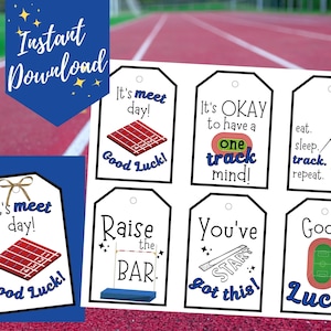 May include: Eight printable gift tags with track and field themed designs and motivational messages. The tags are white with black borders and feature illustrations of a track, a high jump bar, a starting line, and a javelin throw. The text on the tags includes phrases like "It's meet day! Good luck!" and "You've got this!"