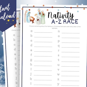 Bible Christmas A to Z Race Printable Game, Christian Christmas Game, Church Christmas Party Idea, Youth Group Game, Sunday School Activity