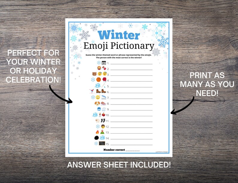 May include: A printable winter-themed emoji game with 15 questions. The game is called "Winter Emoji Pictionary". The person with the most correct answers wins. The game includes an answer sheet.