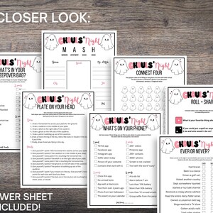 May include: A set of printable Halloween party games featuring a ghost theme. The games include "What's in your sleepover bag?", "Plate on your head", "Connect Four", "What's on your phone?", "Roll + Share", and "Ever or Never?"