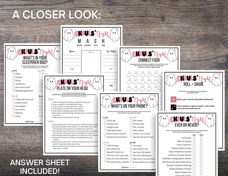 May include: A set of printable Halloween party games featuring a ghost theme. The games include "What's in your sleepover bag?", "Plate on your head", "Connect Four", "What's on your phone?", "Roll + Share", and "Ever or Never?"