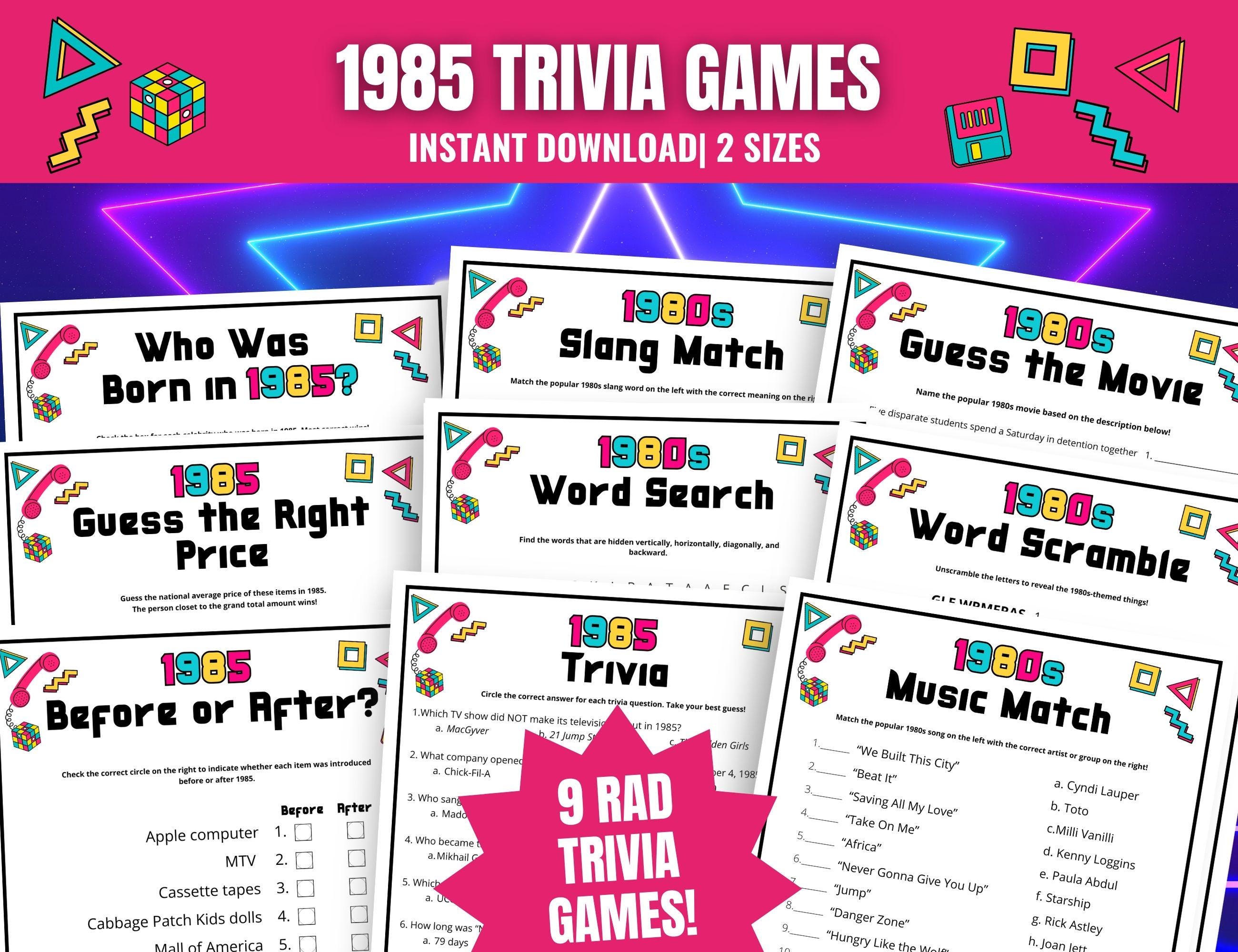 1985 Trivia Games BUNDLE per festa del 40° compleanno, 40° anniversario, 40° riunione, divertenti giochi per feste anni '80, Trivia anni '80, Trivia nato nel 1985
