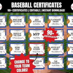 Certificats modifiables de récompense de baseball, récompenses d'équipe de baseball, récompenses de fin de saison de baseball, fête d'équipe de baseball, récompenses de T-Ball