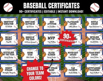 Editable Baseball Award Certificates: End of Season Team Party (PDF, Canva Template)