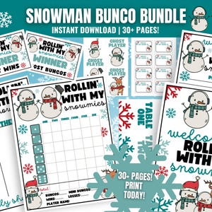 Rollin with My Snowmies Bunco MEGA-bundel, afdrukbare sneeuwpop Bunco, winter Bunco-kaarten, Bunco-scorecards, aantekenvellen, tafelnummers